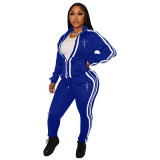 New Sporty Women Long Sleeve Collared Striped Drawstring Casual Stitching Printed 2pcs