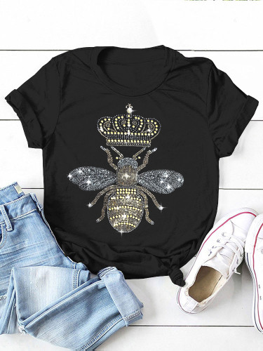 Casual Black O Neck Crown Ant Hot Drill T-shirt Tops
