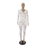 Casual Pattern Printed V Neck Home Jumpsuit