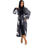 Soft High Elastic Long Sleeve Printed Loose Long Jacket with Belt