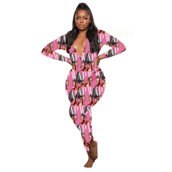 Casual V Neck Homewear Pattern Print Jumpsuit
