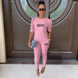 Casual Half Sleeves Printed Letter Pant Set with Pockets