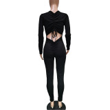 Casual Solid Black Drawstring Wrinkles Backless V Neck Skinny Jumpsuits