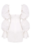 Autumn White Square Neck Puff Sleeve Lace-up Mini Dress For Women