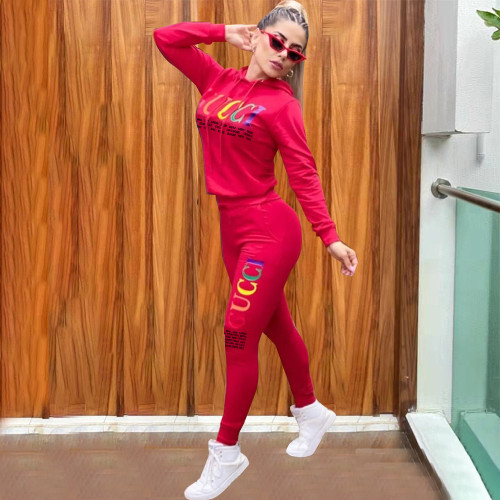 Red Casual Fashion Pyrography Long Sleeve Hooded Sports Two Piece Set with Pockets