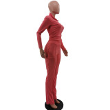 Solid Color Turn-down Neck Sports 2 Piece Set