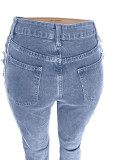 Women Eyelet Rope Elasticity Ripped Denim Trousers