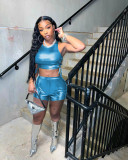 Hot Stamping Lace-Up Hollow Sleeveless Two-piece Short Set