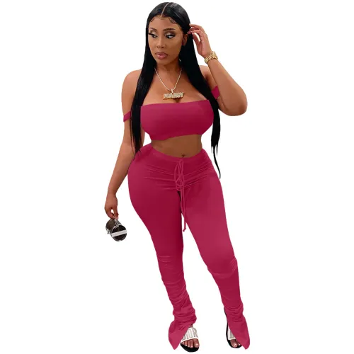 Sexy Wine Red Sling Wrap Crop Top Pleated Wrinkled Trousers Two Piece