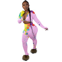 Women Colorful Ink-splash Print Crop Top Two Piece Outfits