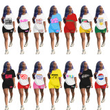 Casual Solid Color Graphic Print Short Sleeve Shorts 2 Piece Set