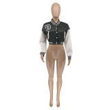 Autumn Long Sleeve Crop Tops Printed Baseball Short Jacket with Pockets