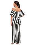 Summer Women's Striped Short-sleeved Off-the-shoulder Straps Loose Wide Leg Jumpsuit