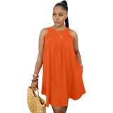 Orange Solid Color Sleeveless Crew Neck Pleated Cotton Mini Dress with Pocket