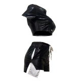 Summer Solid Color Slit PU Leather Short Set Two Pieces