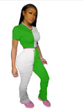 Color-block Crop Top & Pleated Split Micro-flare Stacked Pants