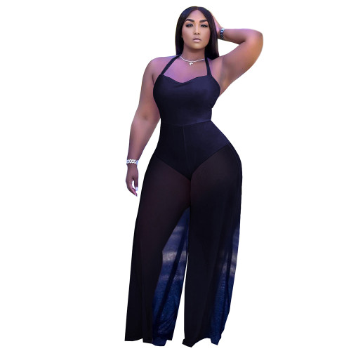 Copy Solid Color Stitching Halter Jumpsuit