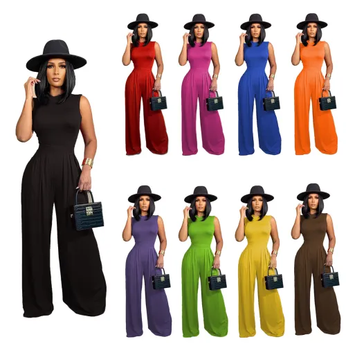 Women Sexy Bodycon Sleeveless Romper Top High Waist Wide Leg Pants Two Piece Outfits