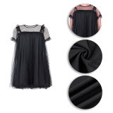 Summer Black Short Sleeve Round Neck Lined Mesh See-through Sexy Dress