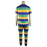 Casual Sweat-absorbing Striped Printed Round Neck Short Sleeve Trouser Set