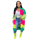 Womens Long Sleeve Color Contrast Knit Long Cardigan Sweaters Coats