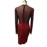 Solid Color Hot Rhinestone Perspective Party Midi Dress