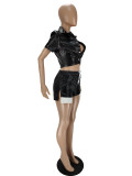 Solid Deep Pocket Turndown Neck Slit PU Leather Shorts Set