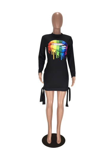 Digital Printed Colorful Lips Long Sleeve Club Dress
