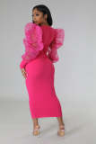 Fashion Mesh Puff Sleeve Elegant Slim Mid Dress