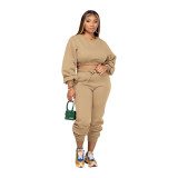 Autumn Winter Round Neck Loose Solid Color Crop Sweatshirt Pant Set