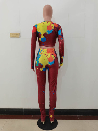 Women Colorful Ink-splash Print Crop Top Two Piece Outfits