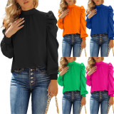 Women Bow Back Stand Neck Puff Long Sleeve Blouses Tops