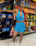 Blue Sexy Solid Patchwork Halter V Neck Sleeveless Two Pieces