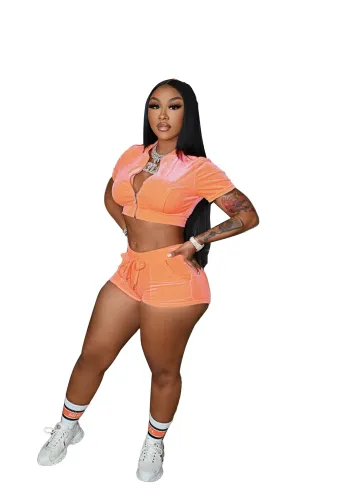 Women 2021 Orange Velvet Zipper Crop Top and Short Set