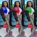 Letter Printing Color Contrast Bomber Casual Jacket