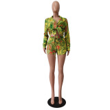 Women Printed Long Sleeve Cardigan Shirt Shorts Casual Set