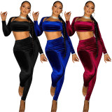 Black Sexy Solid Korean Velvet Patchwork Halter Long Sleeve Three Pieces