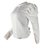 Solid Color Imitation Cotton Puff Sleeve Burnt Hole Top