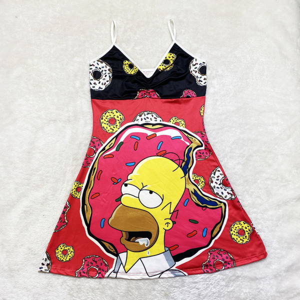 Sexy Loungewear Summer Cartoon Pattern Printed Spaghetti Strap Homewear Dress