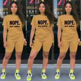 Casual Apricot Short Sleeve Knit Print Sportswear Shorts Set Two Piece