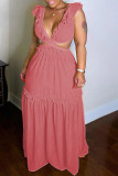 Solid Color Fungus Deep V Backless Hollow Maxi Dresses