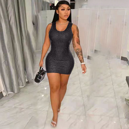 Summer Black Sequin Casual U Neck Sleeveless Mini Dress