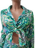 Women Printed Long Sleeve Cardigan Shirt Shorts Casual Set