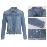 Blue Beaded Short Curvy Denim Jacket