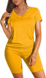 Fashion Solid Color V Neck Short Sleeve Shorts Set