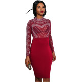 Solid Color Hot Rhinestone Perspective Party Midi Dress
