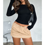 Solid Color Shirred Elastic Buckle Athleisure Pocket Cargo Skirts