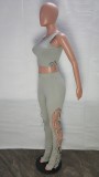 Summer Solid Color Grey Hollow Pit Women's Clothing Sleeveless Crop Top Two Piece Outfits Set