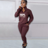 Casual Fleece Printed Letter High Neck Zipper Matching 2 Piece Jogger Sets For Women