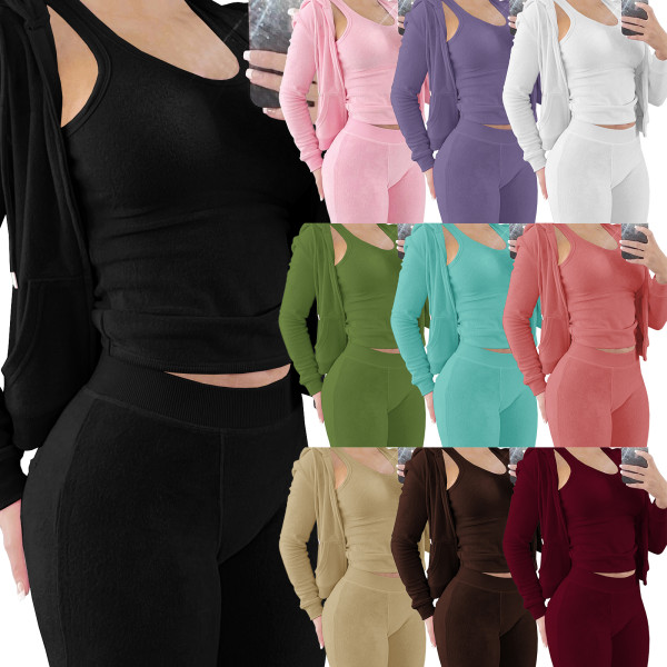 Autumn Winter Double-sided Fleece Vest Hooded Three Piece Set